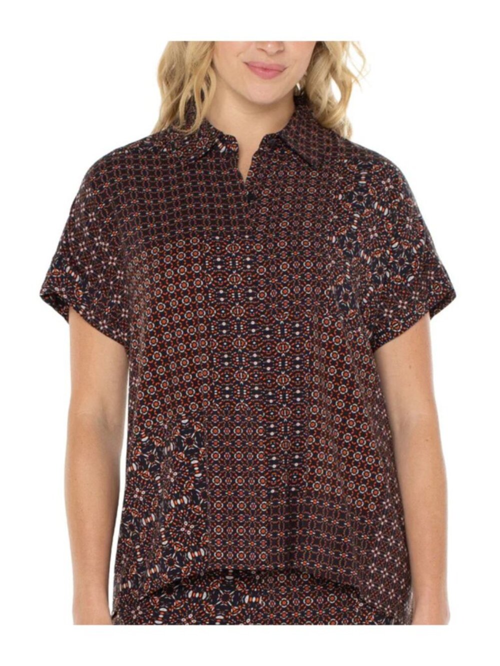 LIVERPOOL Short Sleeve Button Front Block Print Knit Top Black/Rust Women M